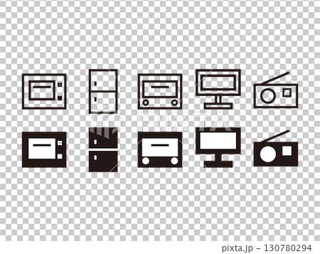冷蔵庫、電子レンジ、トースター、テレビ、ラジオのアイコンのセット 冷蔵庫、電子レンジ、トースター、テレビ、ラジオのアイコンのセット 130780294