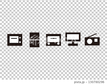 冷蔵庫、電子レンジ、トースター、テレビ、ラジオのモノクロのアイコンのセット 130780296