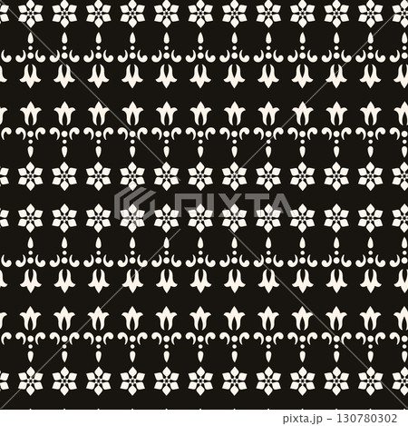 Vector geometric floral pattern. Ornamental seamless texture in traditional ethnic style. Abstract monochrome ornament with flower shapes. Vector geometric floral pattern. Ornamental seamless texture in traditional ethnic style. Abstract monochrome ornament with flower shapes. 130780302