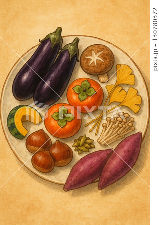 秋の食材を皿に並べたイラスト 130780372