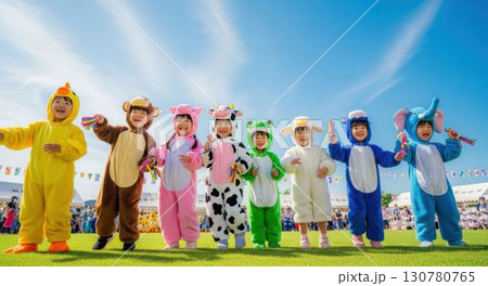 青空の下、お遊戯会で可愛い衣装を着て並ぶ園児たち 130780765