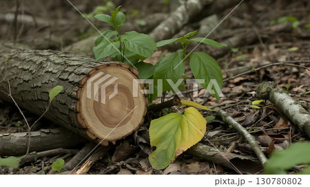 sawn log lying on the forest floor with leaves and small plants growing around it 130780802