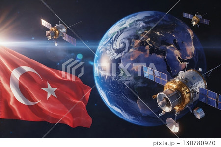 Turkey flag waving with earth and satellites orbiting in space background illustration 130780920