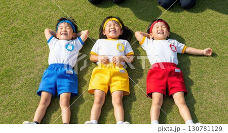 カラフルな体操服を着て、芝生で寝転び大笑いする子供たち カラフルな体操服を着て、芝生で寝転び大笑いする子供たち 130781129
