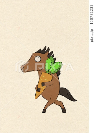 和紙背景 にんじんを抱くかわいい馬の年賀状イラスト 和紙背景 にんじんを抱くかわいい馬の年賀状イラスト 130781235