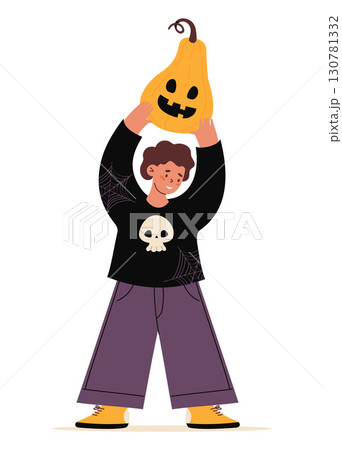 Halloween Cute Girl with Pumpkin lantern Jack. Autumn holiday Happy Cartoon female Character. Vector illustration. Not AI 130781332