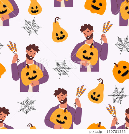 Halloween Seamless pattern. Cute man holding Pumpkin jack o lantern and with Candy treat on white background with cobwebs. Vector illustration for festive design, packaging, wallpaper, textile. Not AI Halloween Seamless pattern. Cute man holding Pumpkin jack o lantern and with Candy treat on white background with cobwebs. Vector illustration for festive design, packaging, wallpaper, textile. Not AI 130781333