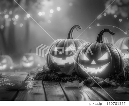 夜のデッキに並ぶハロウィンかぼちゃの幻想風景。 130781355