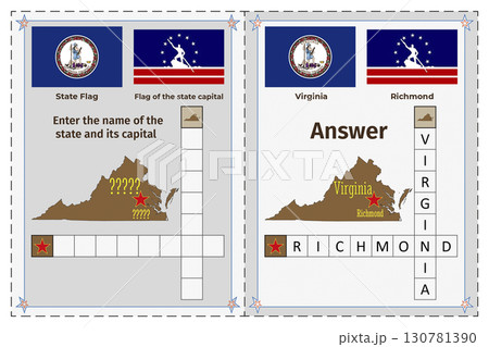 Geography of the USA for children. Question and answer. Flags, names, outline of the state and capital of Virginia. Crossword illustration. Geography of the USA for children. Question and answer. Flags, names, outline of the state and capital of Virginia. Crossword illustration. 130781390