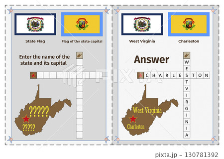 Geography of the USA for children. Question and answer. Flags, names, outline of the state and capital of West Virginia. Crossword illustration. 130781392