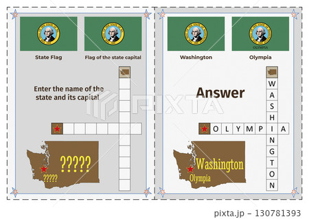 Geography of the USA for children. Question and answer. Flags, names, outline of the state and capital of Washington. Crossword illustration. 130781393