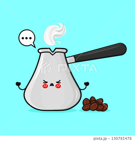 Cute coffee pot character with coffee beans Cute coffee pot character with coffee beans 130781478
