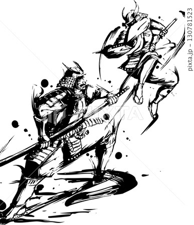 武士の戦い 水墨画 金色フレーム付き 武士の戦いの墨絵イラストのイラスト素材 [130781523] - PIXTA