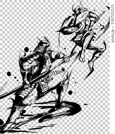 描繪武士戰鬥的墨繪插圖 130781523