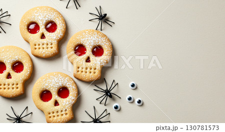 Halloween dessert of homemade skull-shaped cookies with red jam, surrounded by plastic spiders and spooky eyes. 130781573