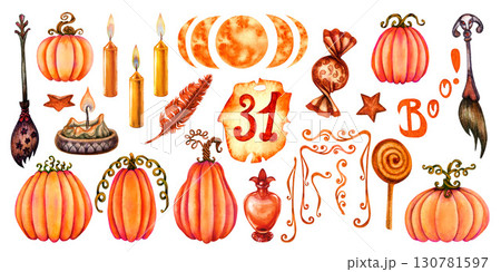 Watercolor Halloween, Magic clipart set with crystals, pumpkins, candy, brooms, candles, feather, moon phases, scrolls, potion, candles for esoteric, metaphysical, astrology, witchcraft Watercolor Halloween, Magic clipart set with crystals, pumpkins, candy, brooms, candles, feather, moon phases, scrolls, potion, candles for esoteric, metaphysical, astrology, witchcraft 130781597
