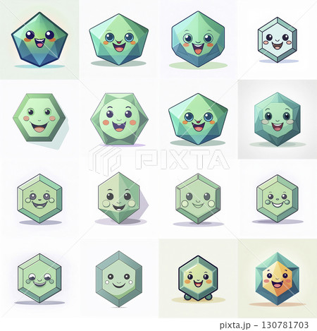 Flat art of a simple geometric Hexagon with a smiling face, minimalism style, clean lines, white background. Generative AI. 130781703
