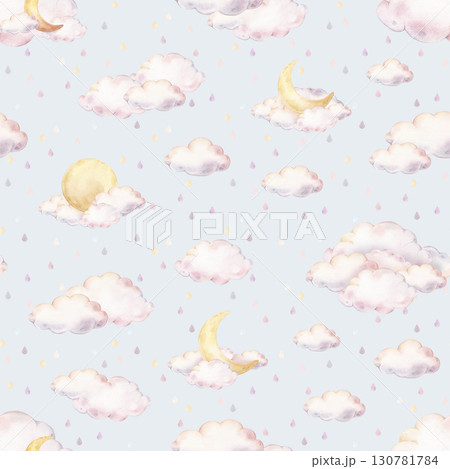 Seamless watercolor pattern with rainbow colors pastel clouds and raindrops, and crescent moons. Illustration of background for nursery wallpaper, baby decor, textiles, or children paper. Seamless watercolor pattern with rainbow colors pastel clouds and raindrops, and crescent moons. Illustration of background for nursery wallpaper, baby decor, textiles, or children paper. 130781784