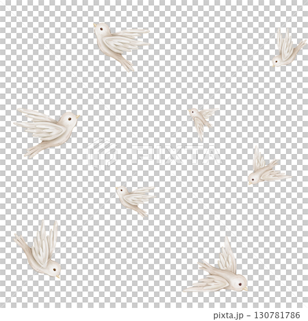 Watercolor repeat seamless pattern with illustration of a flying birds of peace with spread wing. Hand-drawn Bird design symbol of peace for invitations or greeting cards in pastel beige colors. 130781786