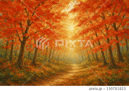 秋　紅葉　林　獣道　油彩画 130781823