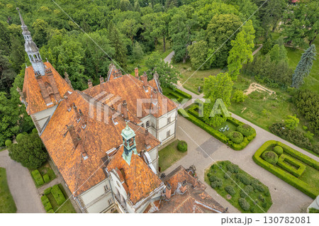 Aerial drone view over palace of Counts Schonborn. Chynadiieve, Ukraine. 130782081