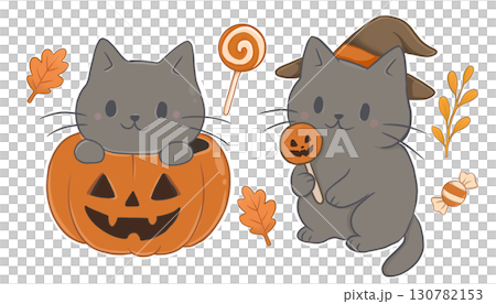 Set of illustrations of cute cats on Halloween 130782153