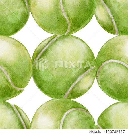 Seamless watercolor pattern of green tennis balls on a white background, hand-painted in realistic style. Ideal for textiles, wallpaper packaging sportswear accessories and wellness-related designs. Seamless watercolor pattern of green tennis balls on a white background, hand-painted in realistic style. Ideal for textiles, wallpaper packaging sportswear accessories and wellness-related designs. 130782337