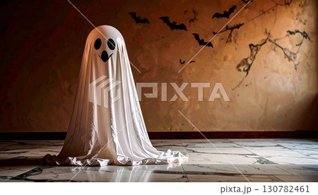 Transparent Ghost Balloon Floating on Marble Floor. Hallowen Concept. Generated Image Transparent Ghost Balloon Floating on Marble Floor. Hallowen Concept. Generated Image 130782461