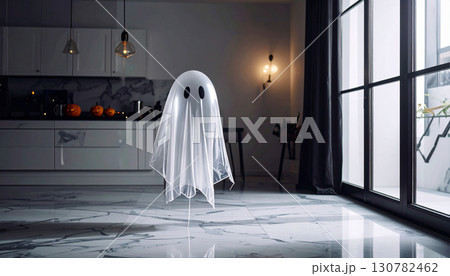 Transparent Ghost Balloon Floating on Marble Floor. Hallowen Concept. Generated Image Transparent Ghost Balloon Floating on Marble Floor. Hallowen Concept. Generated Image 130782462