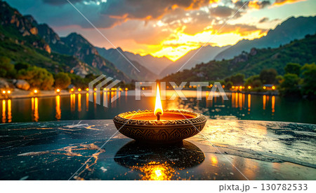 Single Clay Diya on Black Marble Surface. Diwali Festival Concept. Generated Image 130782533