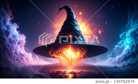 Floating Halloween Witch Hat in Dark Fog. Hallowen Concept. Generated Image 130782674