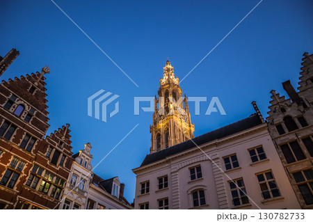 Grote Markt, historic central square of Antwerp in the evening. Travel photo. Antwerp, Belgium 130782733