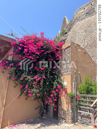 Stunning display of vibrant pink bougainvillea cascading over an old rustic stone wall. The vivid flowers contrast beautifully with the muted earthy tones, creating a picturesque scene. Stunning display of vibrant pink bougainvillea cascading over an old rustic stone wall. The vivid flowers contrast beautifully with the muted earthy tones, creating a picturesque scene. 130782786
