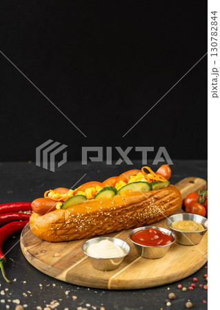 Classic hot dog with vegetables, sauces and sesame bun on black background. Street food Classic hot dog with vegetables, sauces and sesame bun on black background. Street food 130782844