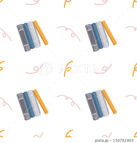 Seamless pattern with books and festive confetti in flat design style. Stack of books. Pastel background on the theme of education. Simple multicolored pattern on a white background. Vector Seamless pattern with books and festive confetti in flat design style. Stack of books. Pastel background on the theme of education. Simple multicolored pattern on a white background. Vector 130782903