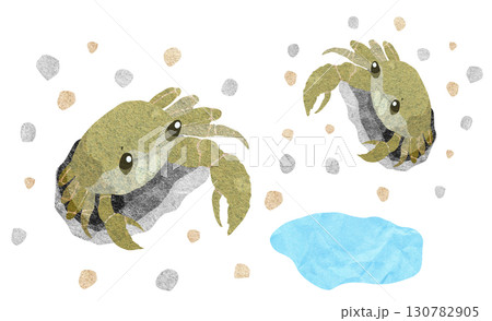 可愛い親子ガニの切り絵貼り絵イラスト背景有り 130782905