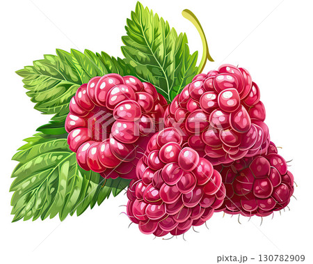 Juicy Raspberries with Green Leaves: Isolated on White Background, Illustration Juicy Raspberries with Green Leaves: Isolated on White Background, Illustration 130782909