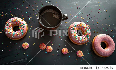 Sweet Pairing: Delicious Donuts and a Cup of Coffee on a Dark Backdrop. illustration 130782915