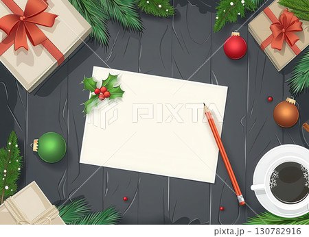 Holiday Blank Slate: White Card with Christmas Decorations and Holly Branches 130782916