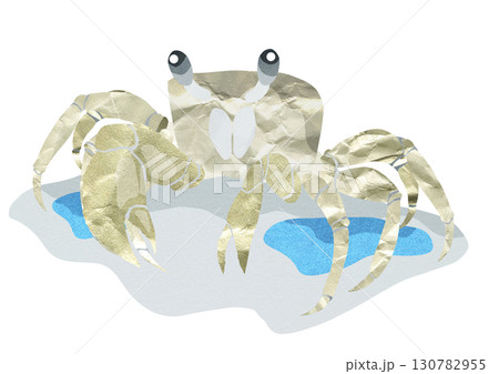 つぶらな瞳で人気者浜辺のカニ切り絵貼り絵イラスト背景有り 130782955