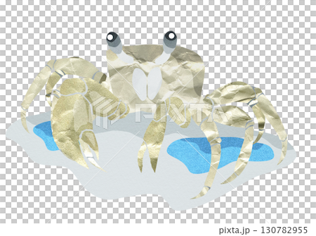 一種很受歡迎的圓眼沙灘蟹。剪紙和拼貼插圖，背景。 130782955