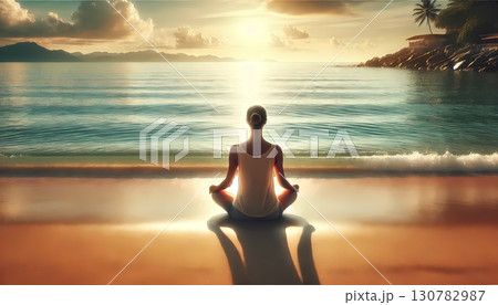 夕日を浴びながら穏やかな海を前に砂浜で瞑想する女性　マインドフルネス 130782987