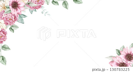 Rectangular watercolor frame with pink peonies, white azaleas, eucalyptus leaves arranged on the edges, isolated on white background. Perfect for wedding cards, posters, invitations, banners or print. 130783225