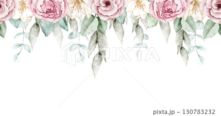 Watercolor floral border with cascading pink roses, green foliage, and delicate blossoms arranged in soft style. Part of a large floral bouquet set. Perfect for wedding invitation, greeting card, pack 130783232