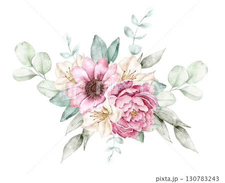 Watercolor floral composition with pink blossom, beige flowers, and soft green leaves, hand painted in delicate style. Part of a large floral bouquet set. Perfect for wedding invitation, greeting card Watercolor floral composition with pink blossom, beige flowers, and soft green leaves, hand painted in delicate style. Part of a large floral bouquet set. Perfect for wedding invitation, greeting card 130783243