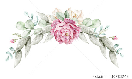 Watercolor floral composition with pink blossom, beige accents, and soft green leaves in arch arrangement. Part of a large floral bouquet set. Perfect for wedding invitation, greeting card, packaging, 130783248