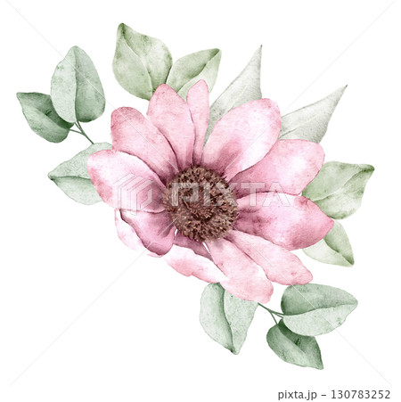 Watercolor floral composition with pink blossom, beige flowers, and soft green leaves, hand painted in delicate style. Part of a large floral bouquet set. Perfect for wedding invitation, greeting card 130783252