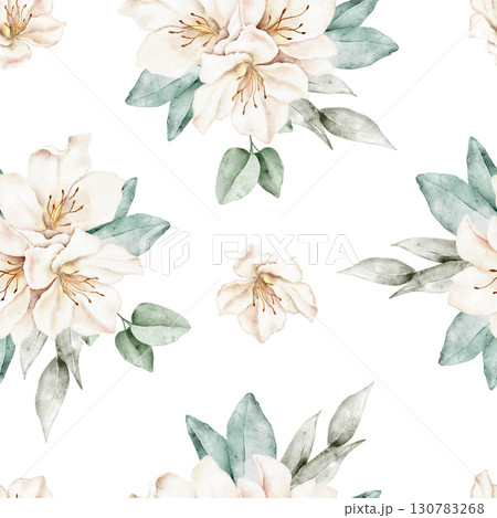Watercolor seamless floral patterns with roses, peonies, beige blossoms, and green foliage on soft backgrounds. Part of a large floral bouquet set. Perfect for textile, wallpaper, wrapping paper, pack Watercolor seamless floral patterns with roses, peonies, beige blossoms, and green foliage on soft backgrounds. Part of a large floral bouquet set. Perfect for textile, wallpaper, wrapping paper, pack 130783268
