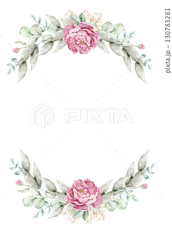Watercolor crescent wreath with beige blossoms and soft green foliage, hand painted in delicate style. Part of a large floral bouquet set. Perfect for invitation, greeting card, wedding stationery, or 130783281