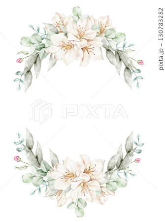 Watercolor crescent wreath with beige blossoms and soft green foliage, hand painted in delicate style. Part of a large floral bouquet set. Perfect for invitation, greeting card, wedding stationery, or 130783282